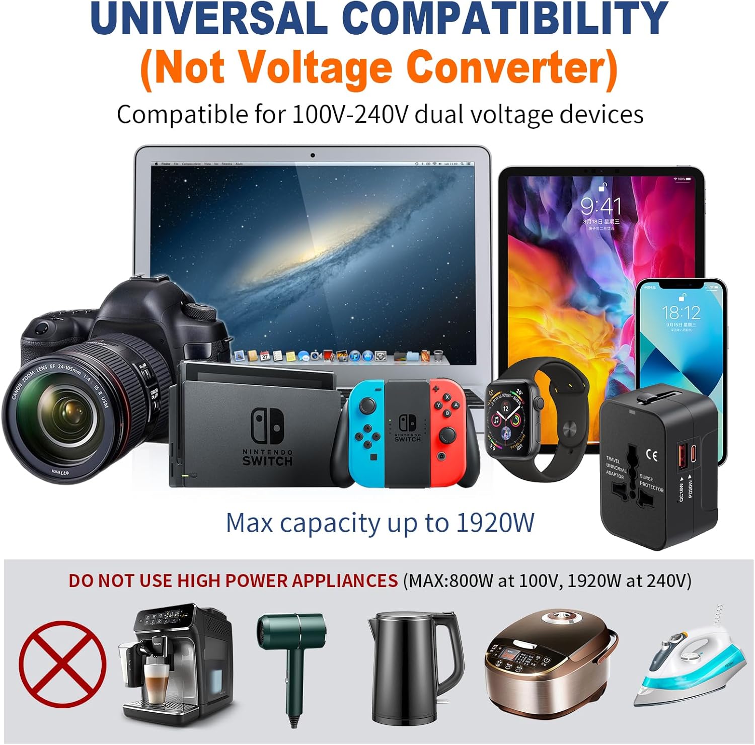 Travel Adapter USB C, Universal All in One Worldwide Travel Adapter Fast Charge GaN PD3.0 Type C USB-A Quick Charging Ports Power Converters Wall Charger AC Power Plug Adapter for USA EU UK AUS Black - Image 7