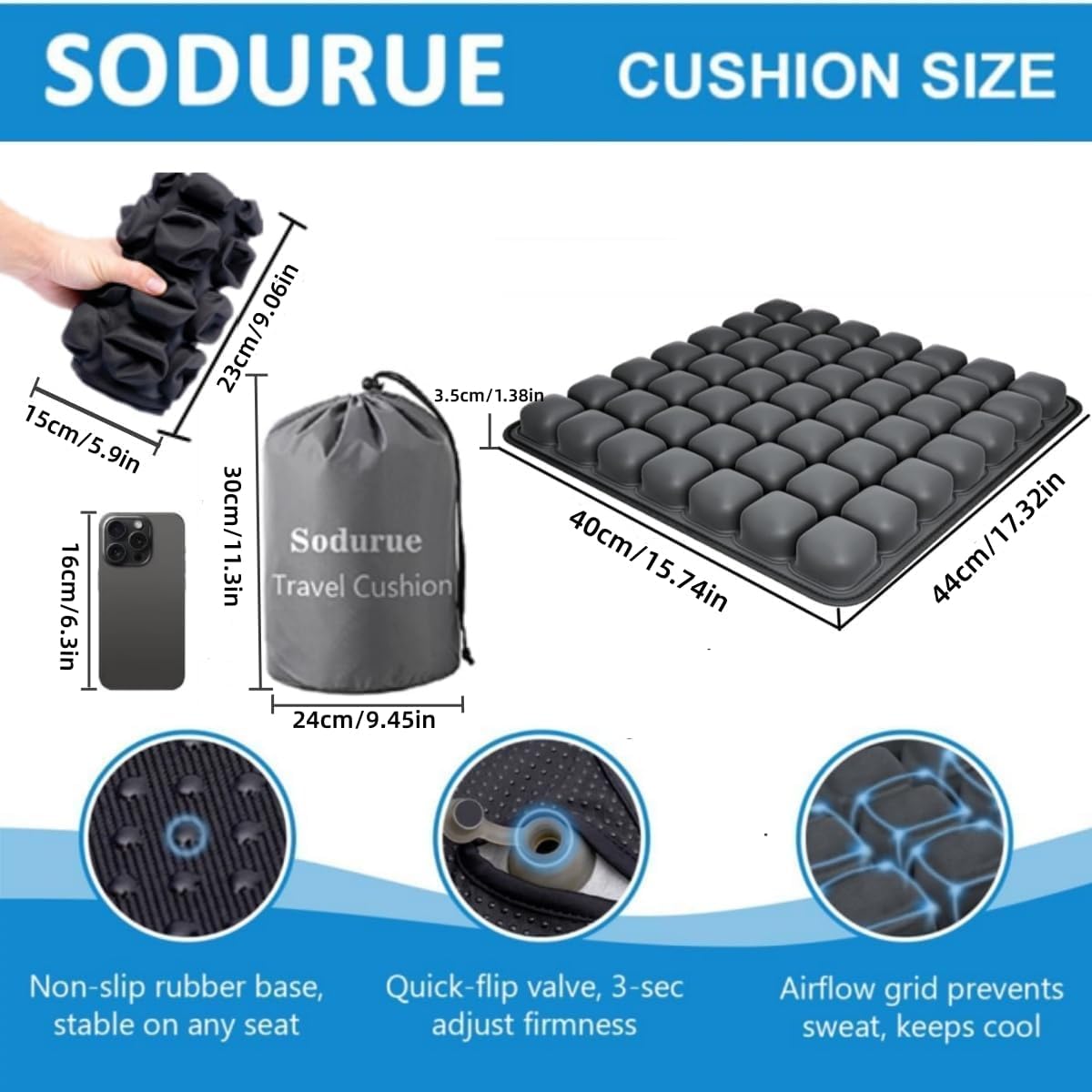 Sodurue Travel Cushion Airplane Seat,Airplane Seat Cushion for Long Flights,Press Type Air Inflatable Wheelchair Seat Cushion,49 Airbags,for Car,Office,Stadium,Ergonomic Comfort Support,Heavy Duty - Image 2