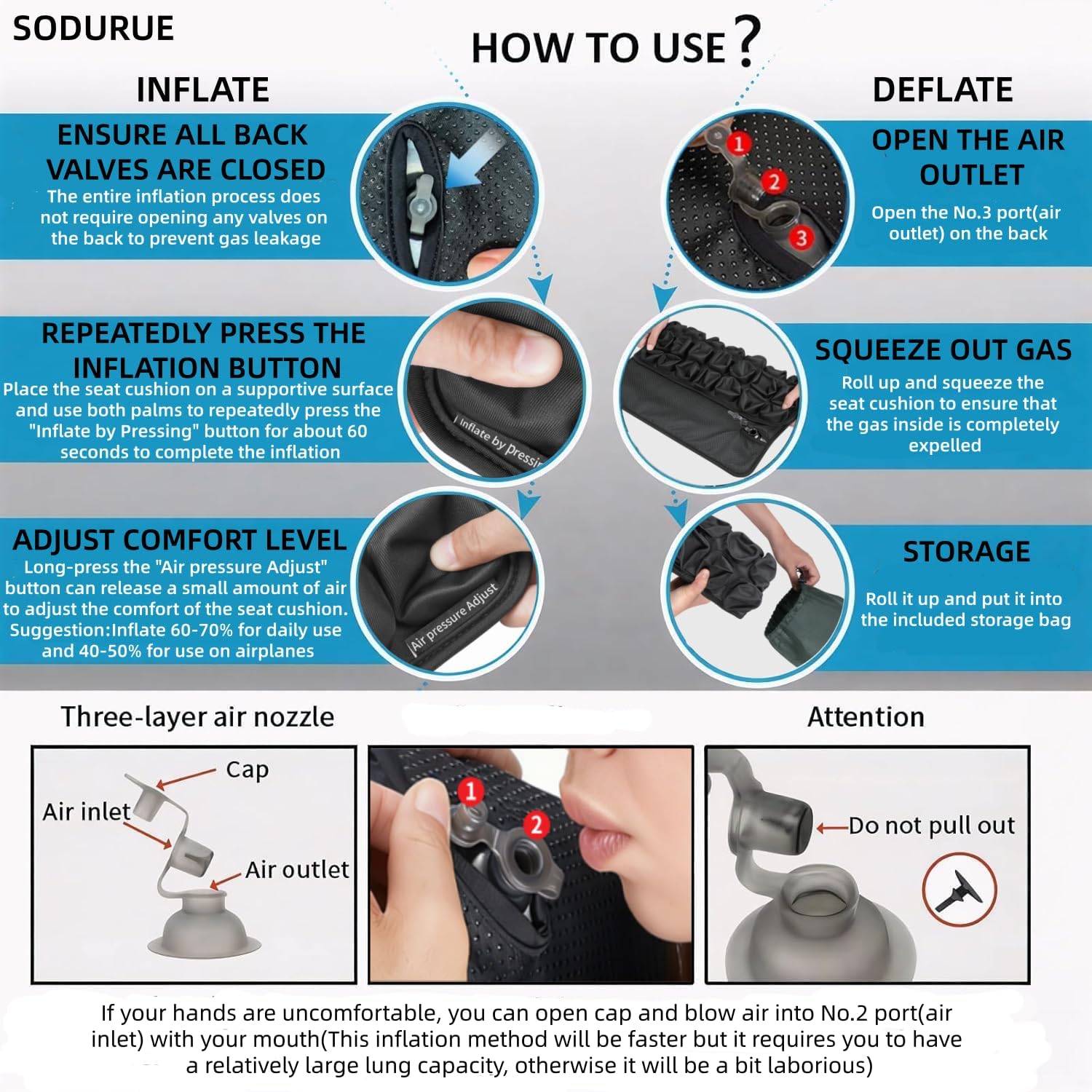 Sodurue Travel Cushion Airplane Seat,Airplane Seat Cushion for Long Flights,Press Type Air Inflatable Wheelchair Seat Cushion,49 Airbags,for Car,Office,Stadium,Ergonomic Comfort Support,Heavy Duty - Image 4